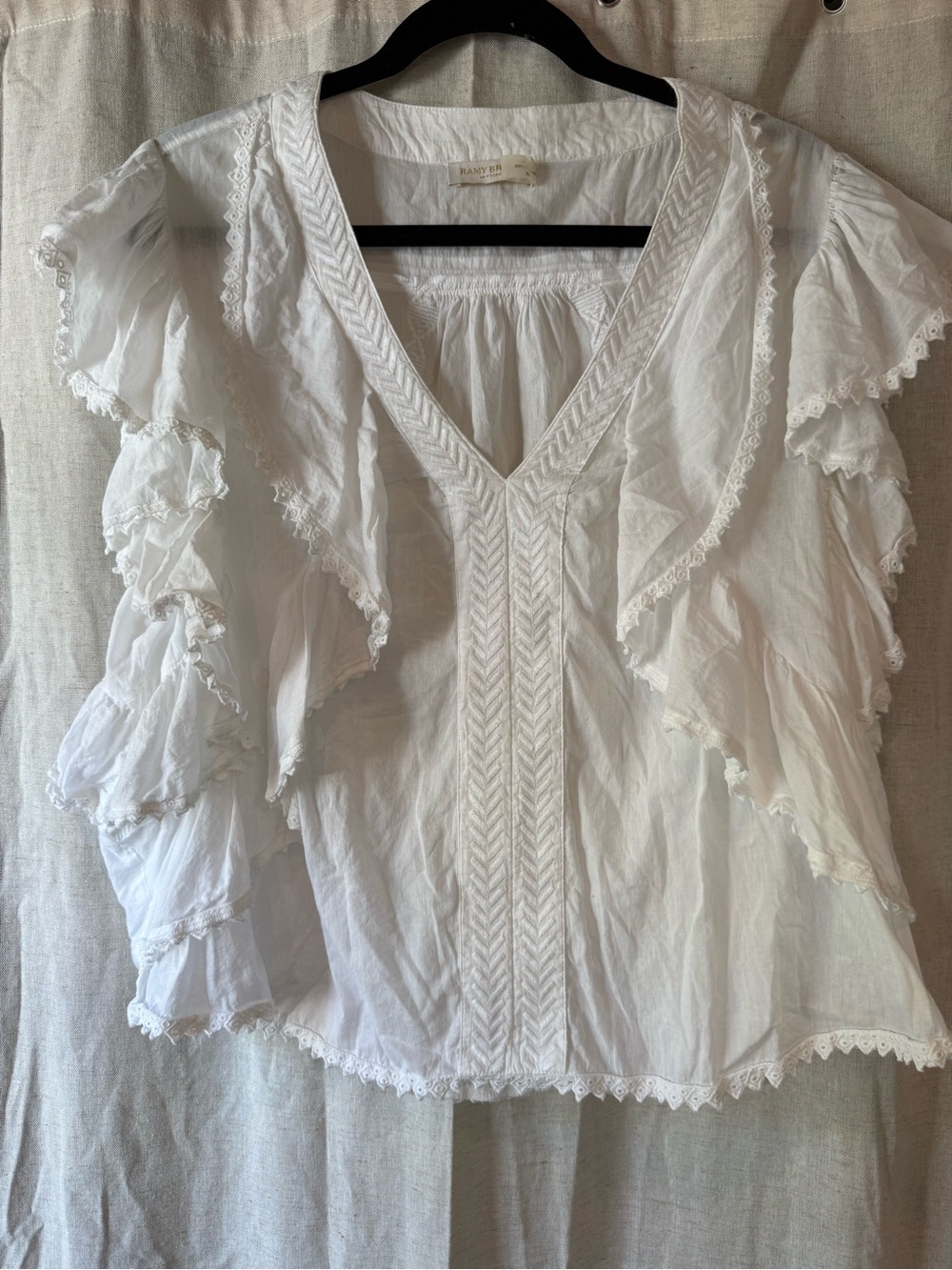 Ramy Brook White Cotton Ruffle Lace V-Neck Blouse